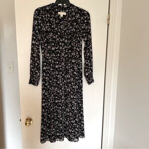 MICHAEL KORS Black and little purple flowers long sleeves belted Midi dress